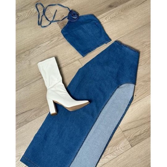 Denim Set High Waist Maxi Skirt Side Slit and cropped top Size M - Picture 11 of 13
